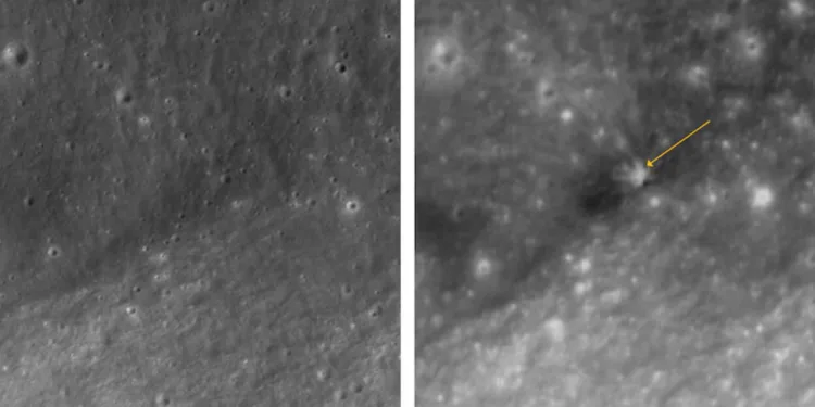 Imágenes satelitales de la zona del impacto de la segunda etapa de un cohete SpaceX Falcon 9 en la Luna.