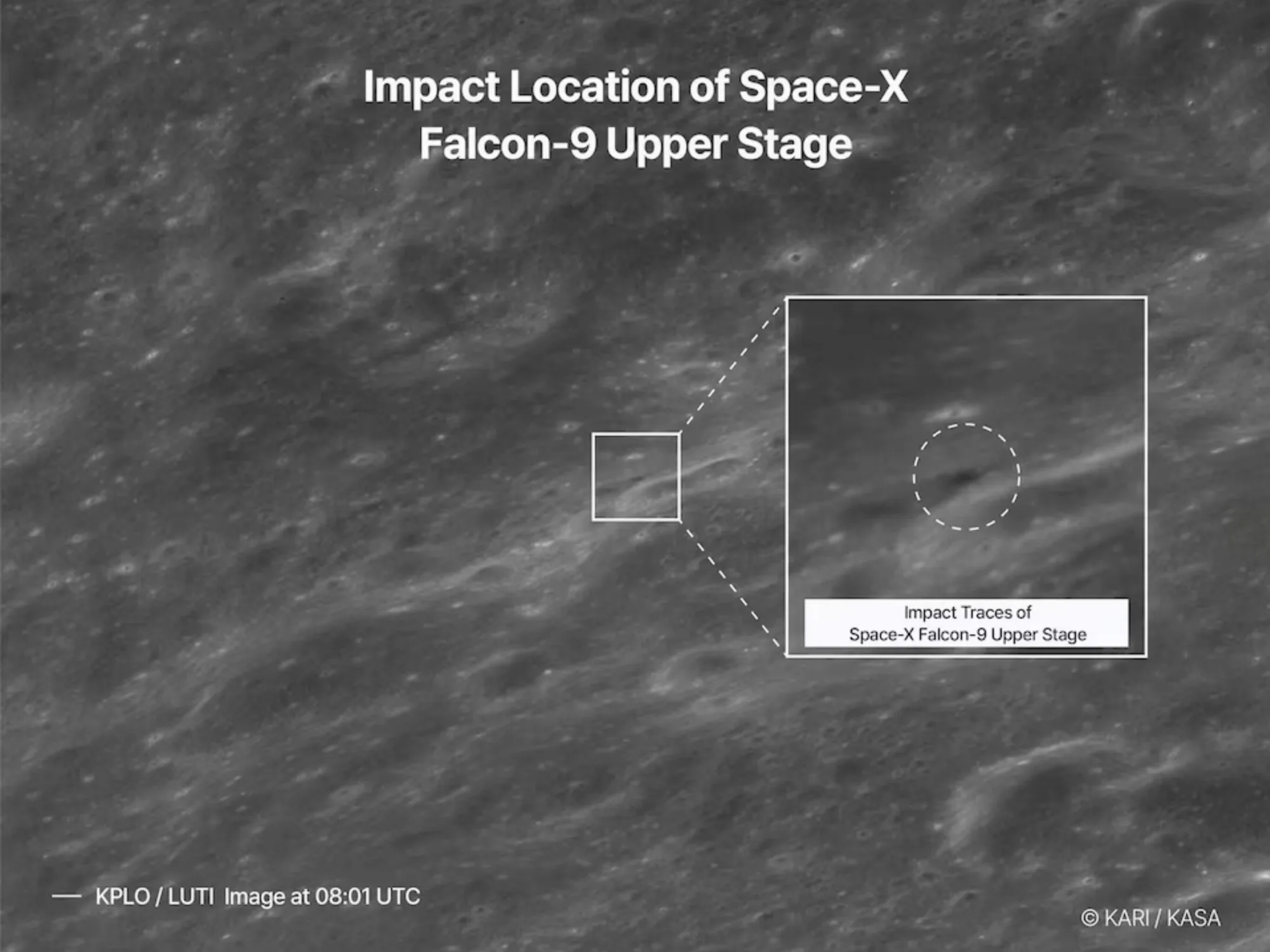 Imágenes satelitales de la zona del impacto de la segunda etapa de un cohete SpaceX Falcon 9 en la Luna.