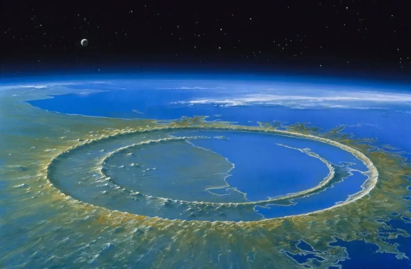 Imagen artística sobre cómo se podría haber visto el cráter de Chicxulub poco después de que un meteorito cayera en la península de Yucatán.