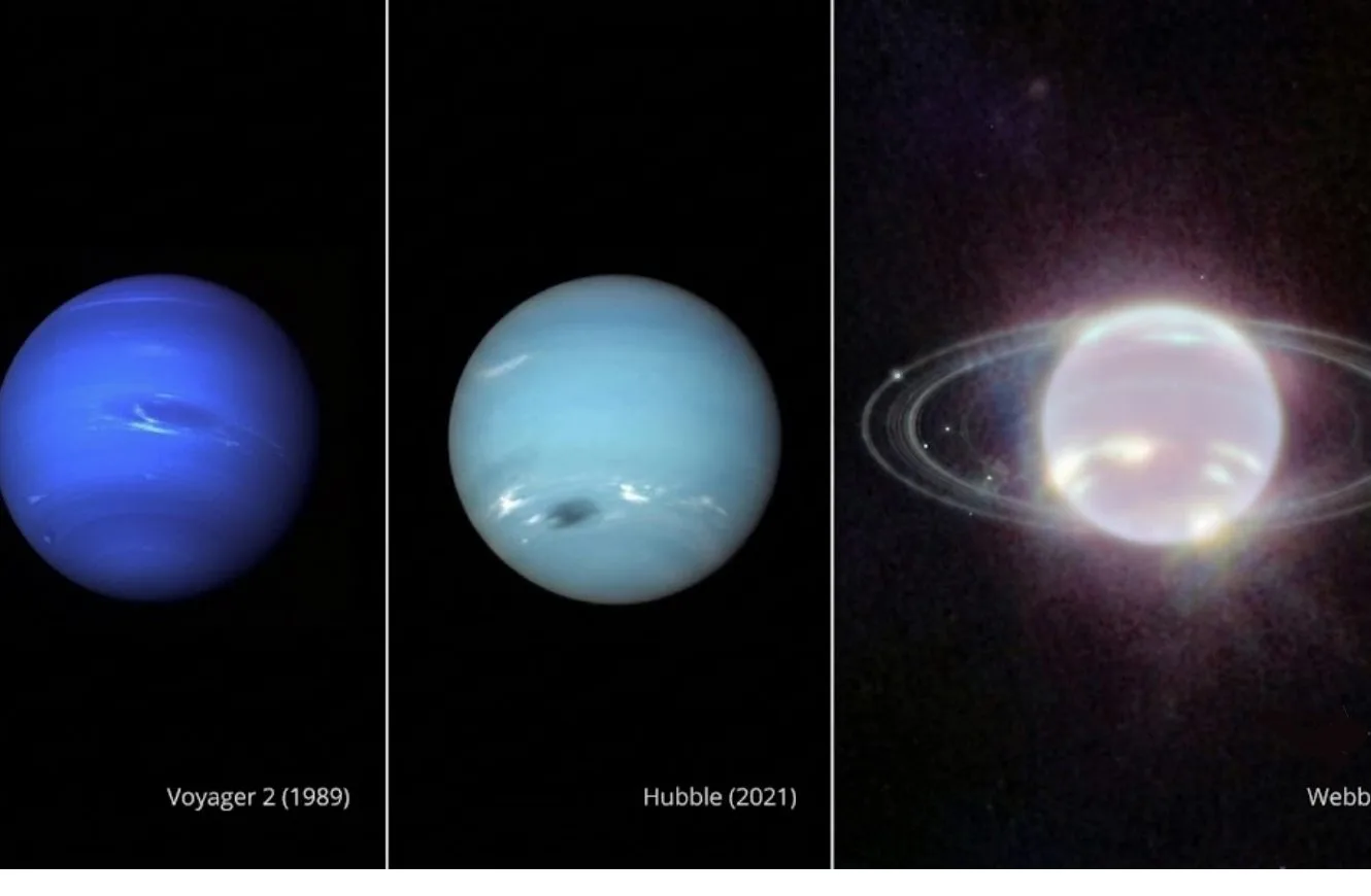 Imagen de las distintas fotografías tomadas por el telescopio James Webb y el Hubble de Neptuno.