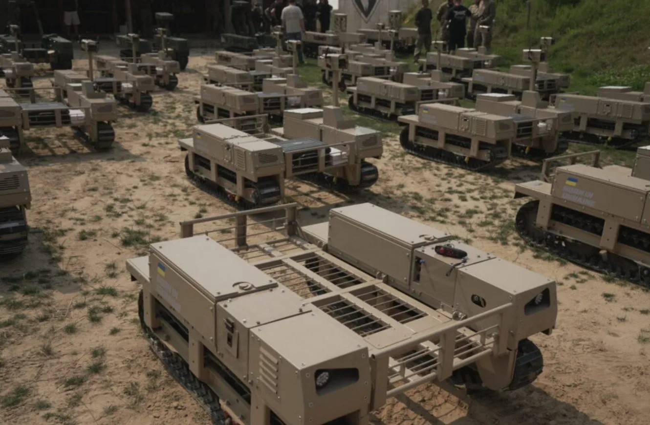 Imagen de la transferencia del vehículo terrestre no tripulado (UGV) TerMIT a las Fuerzas de Defensa de Ucrania.