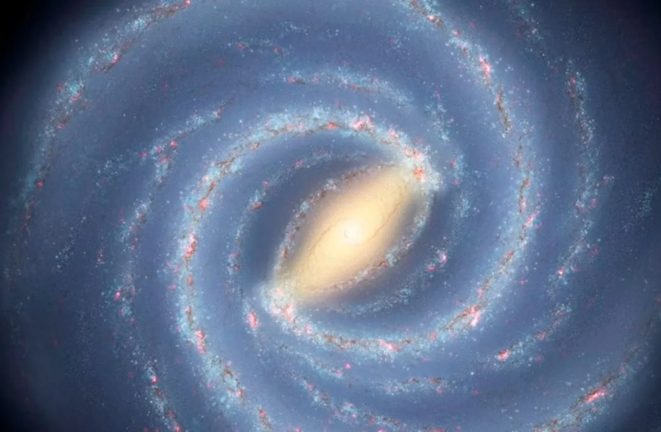 Imagen artística de nuestra galaxia, la Vía Láctea, observada desde la parte superior o en visión perpendicular al disco galáctico. La imagen muestra la estructura de galaxia en espiral con cuatro brazos principales. tecnofirmas