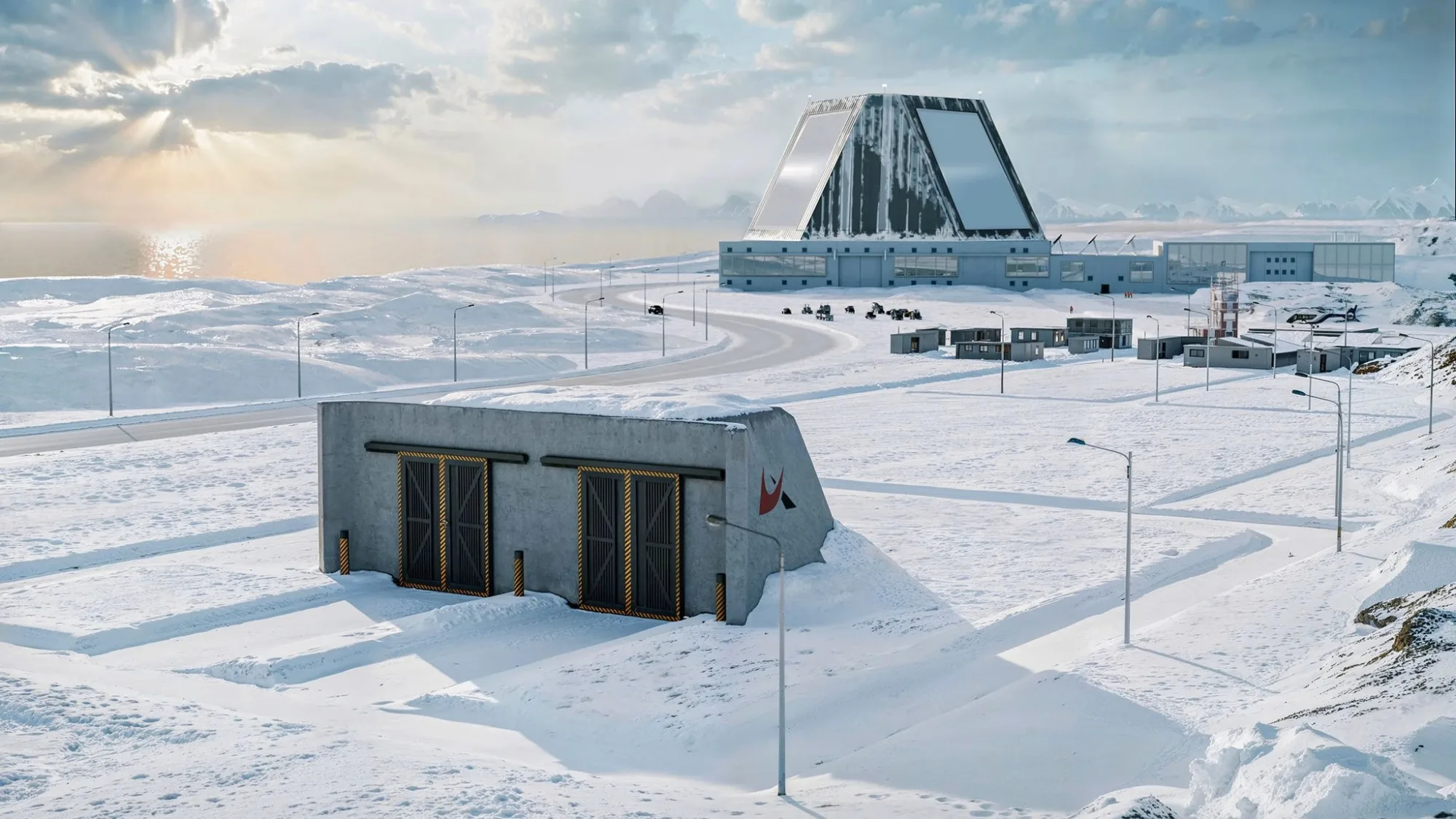 Representación artística del microrreactor nuclear de Antares en una instalación militar estadounidense. Crédito: Antares.