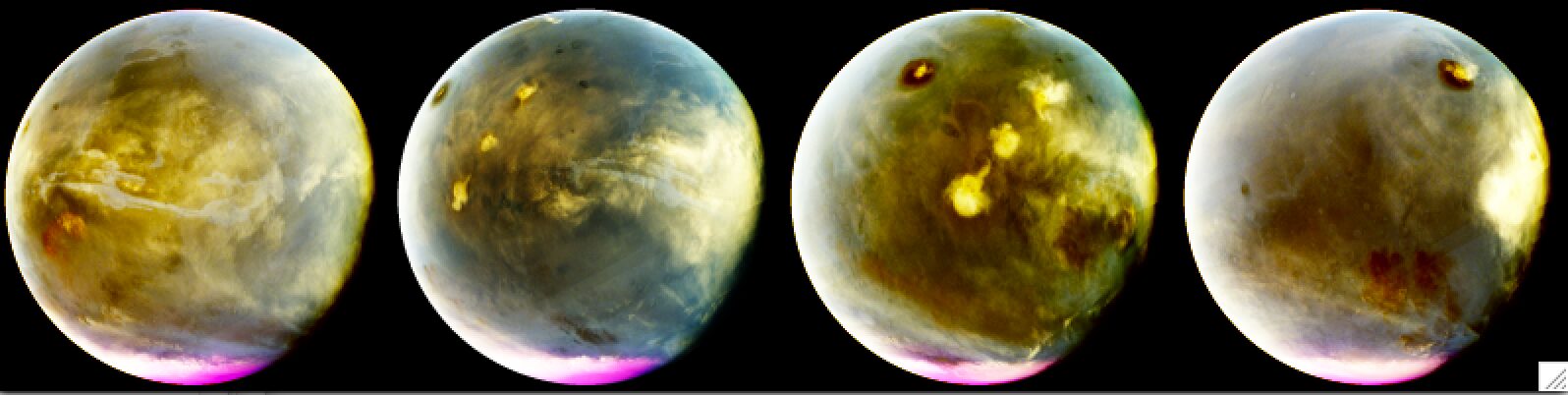 Imágenes ultravioletas de Marte tomadas por MAVEN durante 7 horas de rotación del planeta, que revelan la formación de nubes. El color morado representa lo que veríamos con ojos sensibles a la luz ultravioleta. Crédito: NASA/ MAVEN/ Universidad de Colorado.