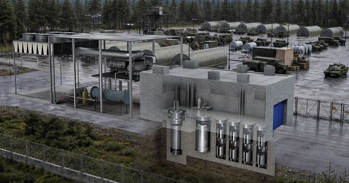 Representación artística del microrreactor GA-TES de General Atomics en una instalación militar hipotética. El reactor modular está diseñado para mantener el suministro eléctrico in situ y operar de forma independiente durante desastres naturales, incidentes cibernéticos y otras interrupciones que amenacen la seguridad energética de la instalación. Crédito: General Atomics.