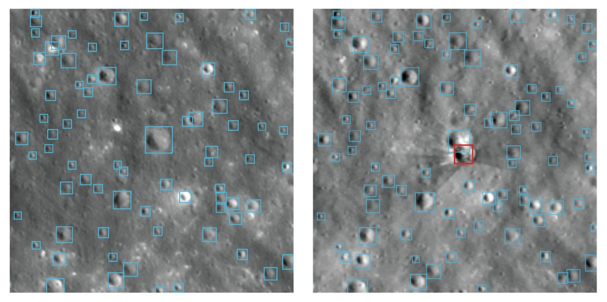 Estas imágenes del Orbitador de Reconocimiento Lunar (LRO) muestran la superficie de la Luna cerca del cráter Einstein antes (izquierda) y después (derecha) del impacto del cuerpo de un cohete de SpaceX. El Modelo Fundacional Lunar NASA-IBM detectó cráteres existentes (contornos azules) y resaltó el cráter de impacto recién formado (recuadro rojo). Crédito: NASA/ IBM Research.