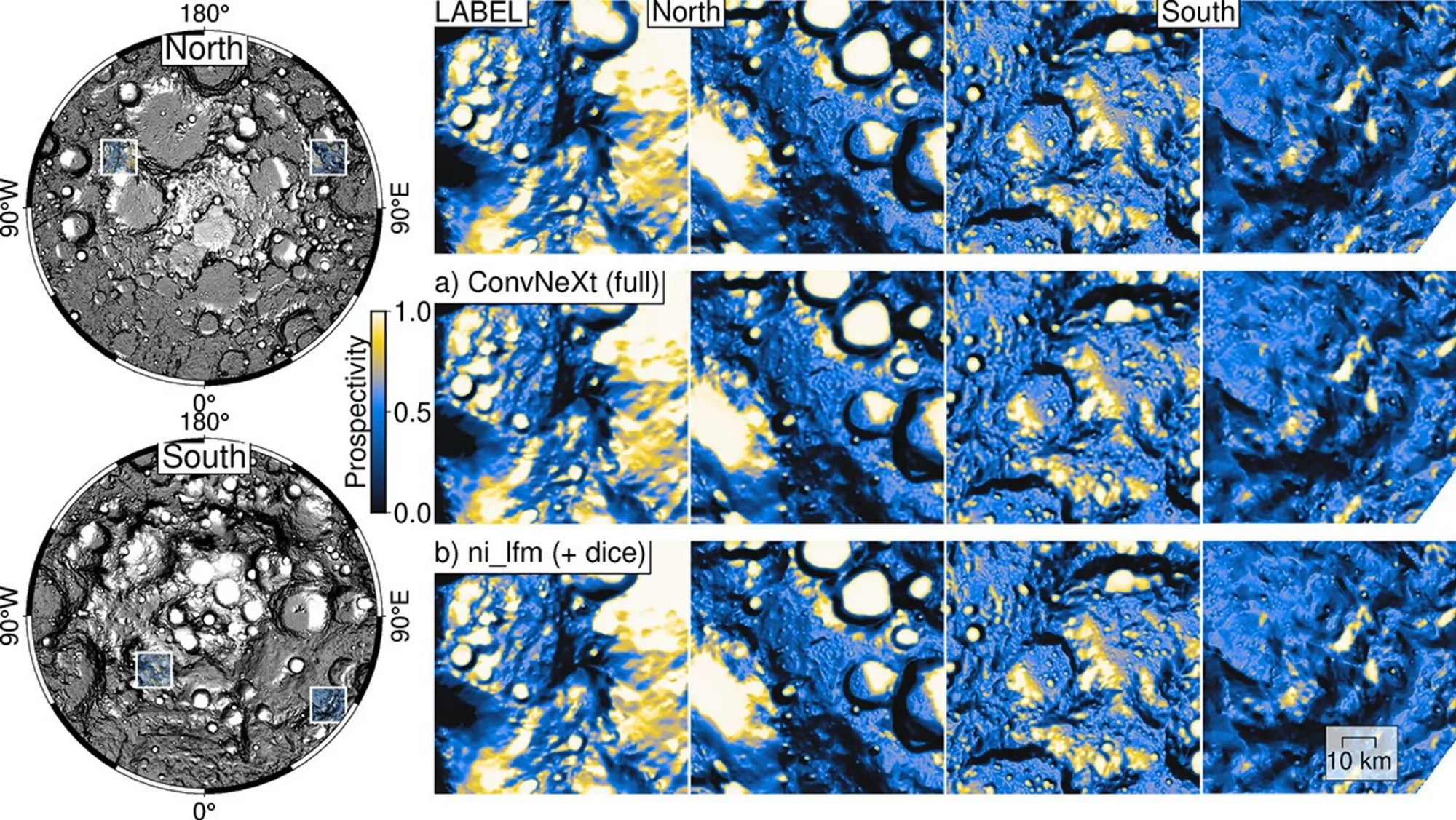 El modelo NASA-IBM reproduce patrones de prospectividad de hielo lunar (representados en una escala de azul a amarillo), en cuatro lugares (izquierda) localizados cerca de los polos de la Luna. Fila superior: mapa de referencia de prospectividad de hielo en Mons Mouton, cerca del Polo Sur lunar; fila inferior: predicciones del modelo NASA-IBM. El modelo NASA-IBM conserva muchos patrones de prospectividad a pequeña escala presentes en los datos de referencia. Crédito: NASA/ IBM Research.
