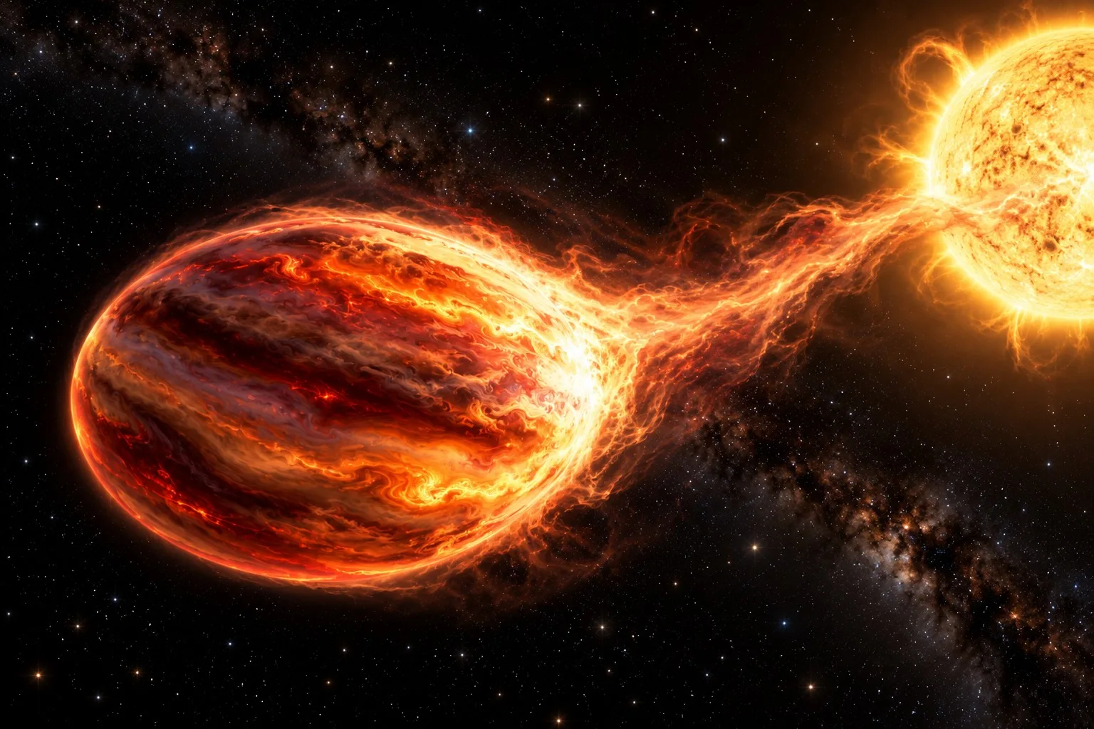 WASP-12 b está a 1.200 años luz de la Tierra y se ubica a unos 3,5 millones de kilómetros de su estrella anfitriona, tan cerca que lo está deformando y devorando.