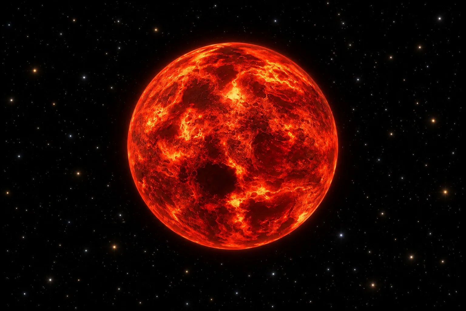 55 Cancri e es una supertierra de 1,9 veces el radio terrestre, que alcanza los 2.700°c y su superficie está cubierta de roca fundida.