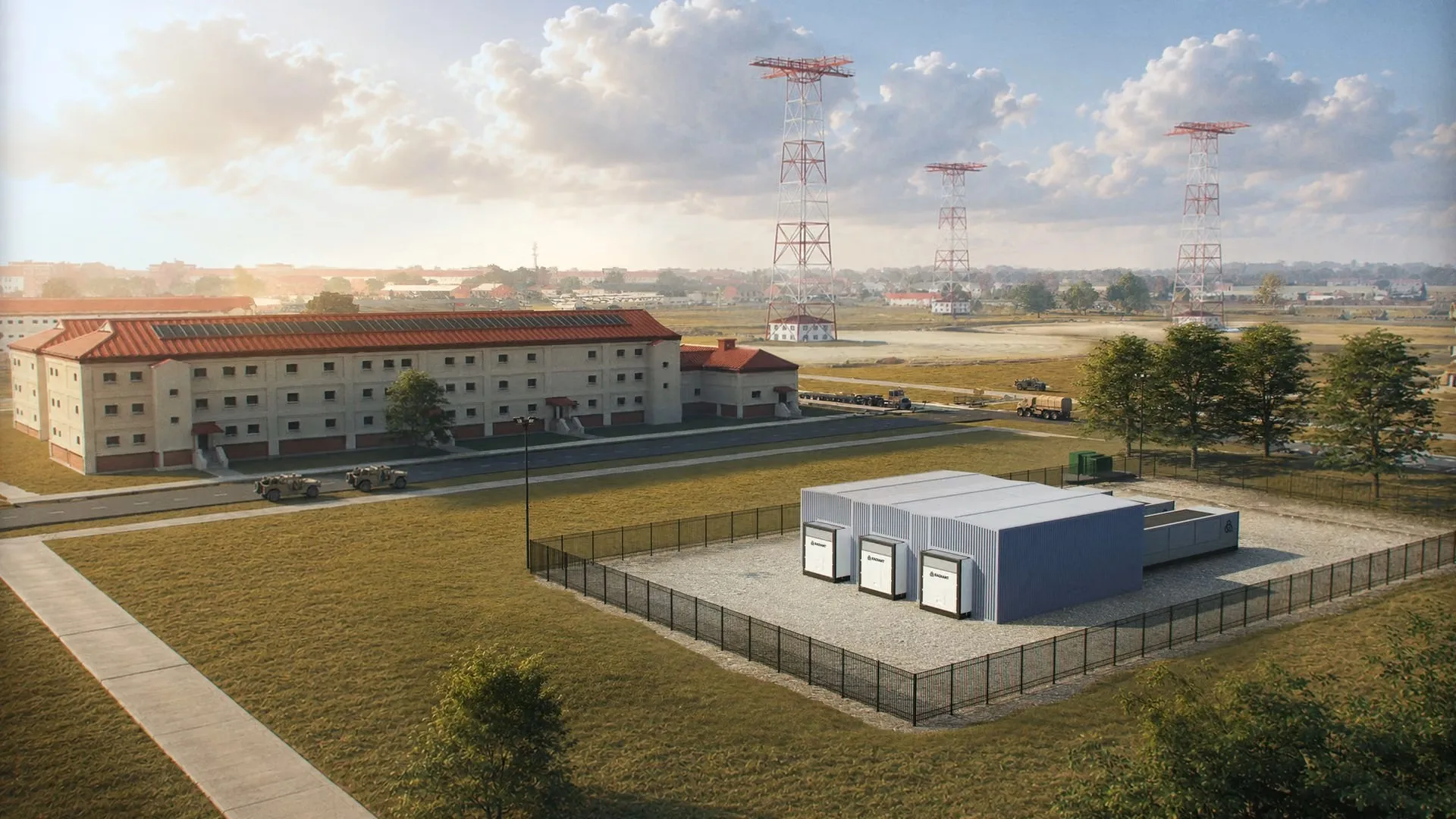 Representación artística del microrreactor nuclear de Radiant en una instalación militar estadounidense. Crédito: Radiant.