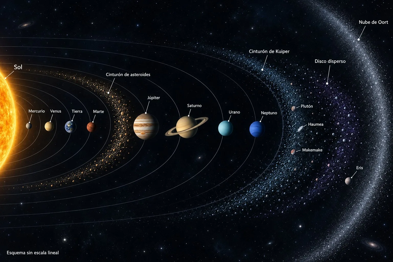 Representación ilustrativa del Sistema Solar, con su estrella anfitriona, planetas, planetas enanos y cuerpos celestes.