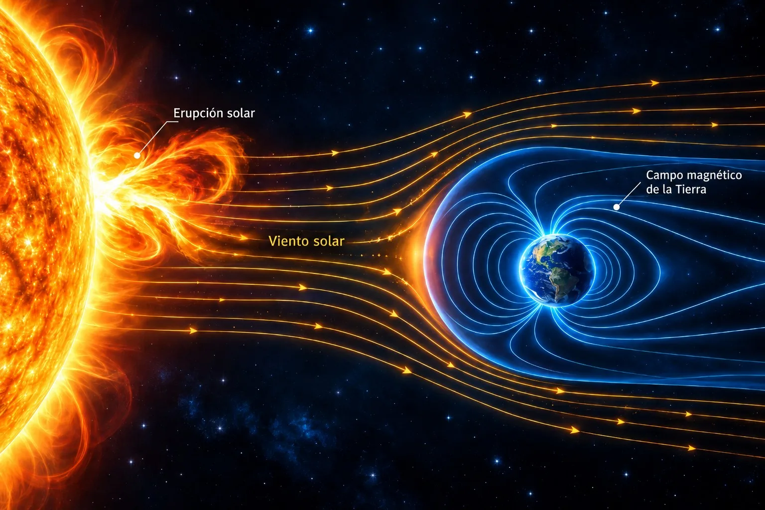 Imagen representativa del efecto protector del campo magnético de la Tierra, que impide la llegada de las partículas del viento solar a la superficie. Marte perdió su campo magnético, que ahora es muy débil y la radiación solar puede penetrar directamente en el planeta.