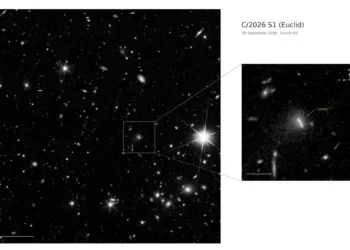 El telescopio espacial Euclid de la Agencia Espacial Europea ha descubierto su primer cometa desconocido hasta ahora, el Comet C/2026 S1. Crédito: Agencia Espacial Europea.