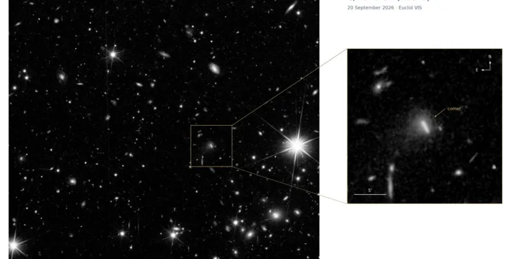 El telescopio espacial Euclid de la Agencia Espacial Europea ha descubierto su primer cometa desconocido hasta ahora, el Comet C/2026 S1. Crédito: Agencia Espacial Europea.