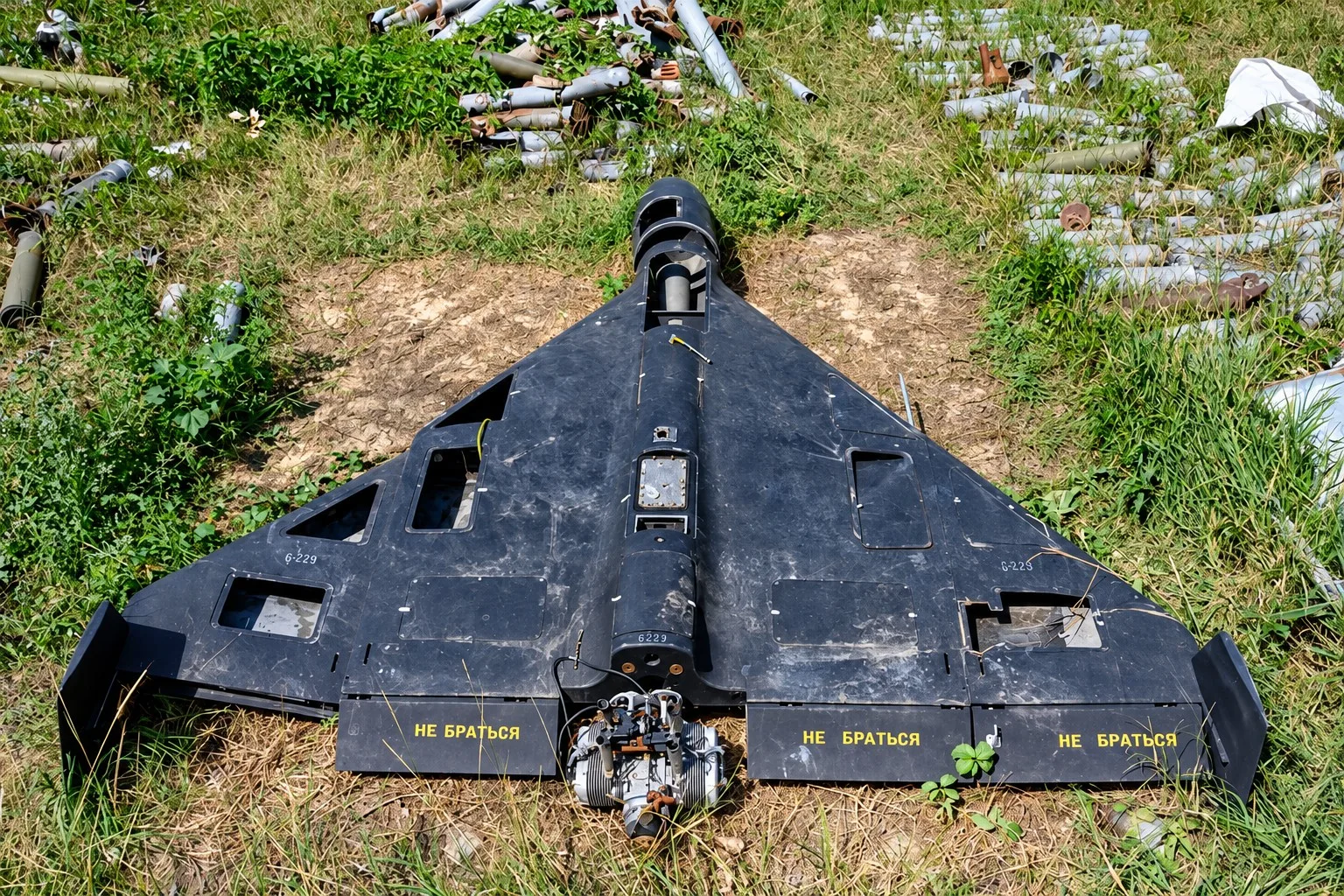 Restos de un dron de ataque a reacción tipo Shahed recuperado tras una operación, con partes de su estructura y sistemas internos visibles.