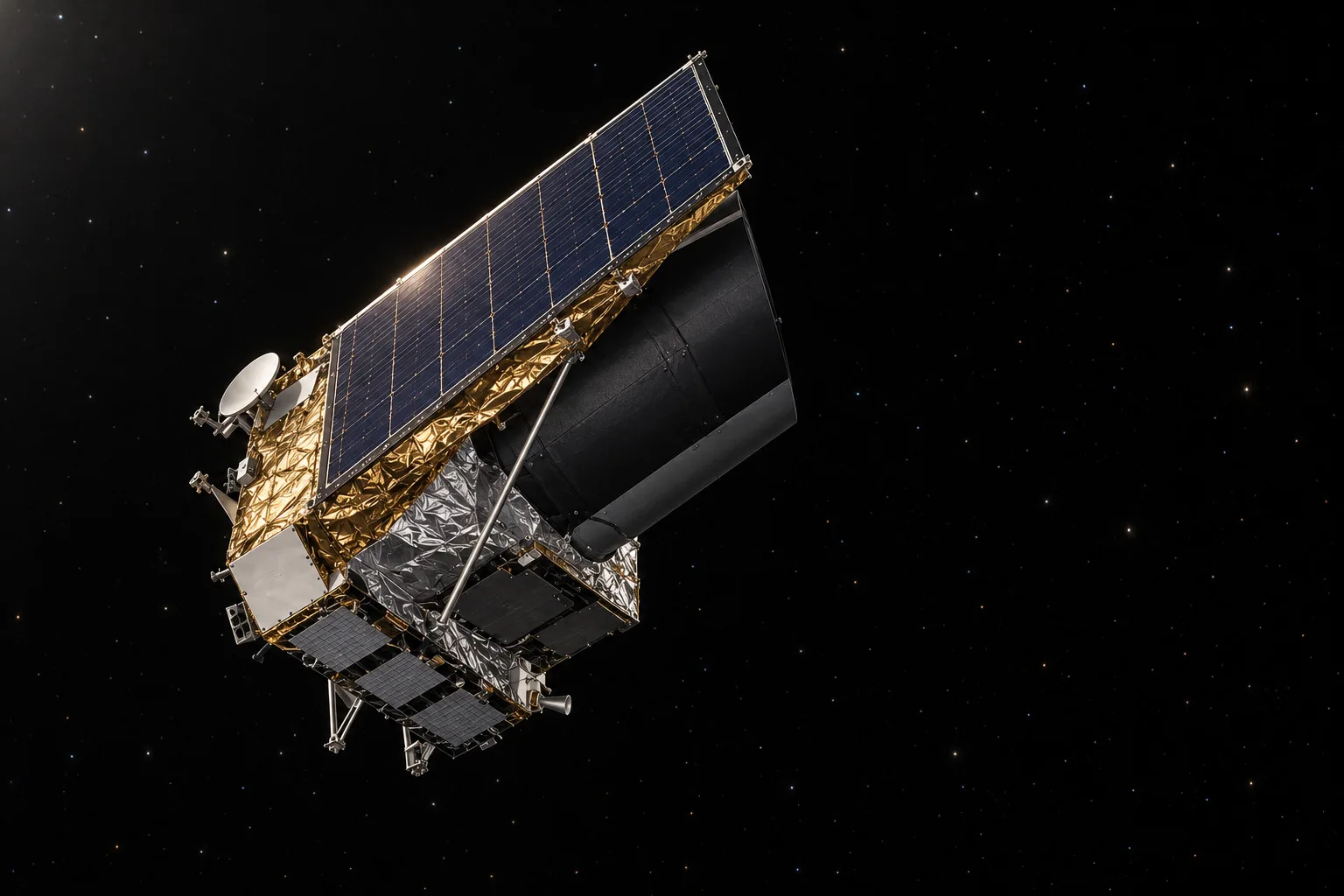 Recreación artística de Euclid, el telescopio espacial de la Agencia Espacial Europea que cartografía miles de millones de galaxias para estudiar la materia oscura y la energía oscura del universo.