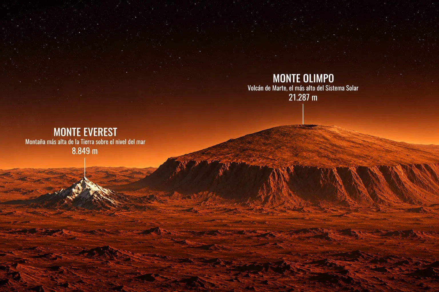 El Everest, la montaña más alta de la Tierra, es 2,5 veces más chica que el Olympo, el monte más grande de Marte y del Sistema Solar.