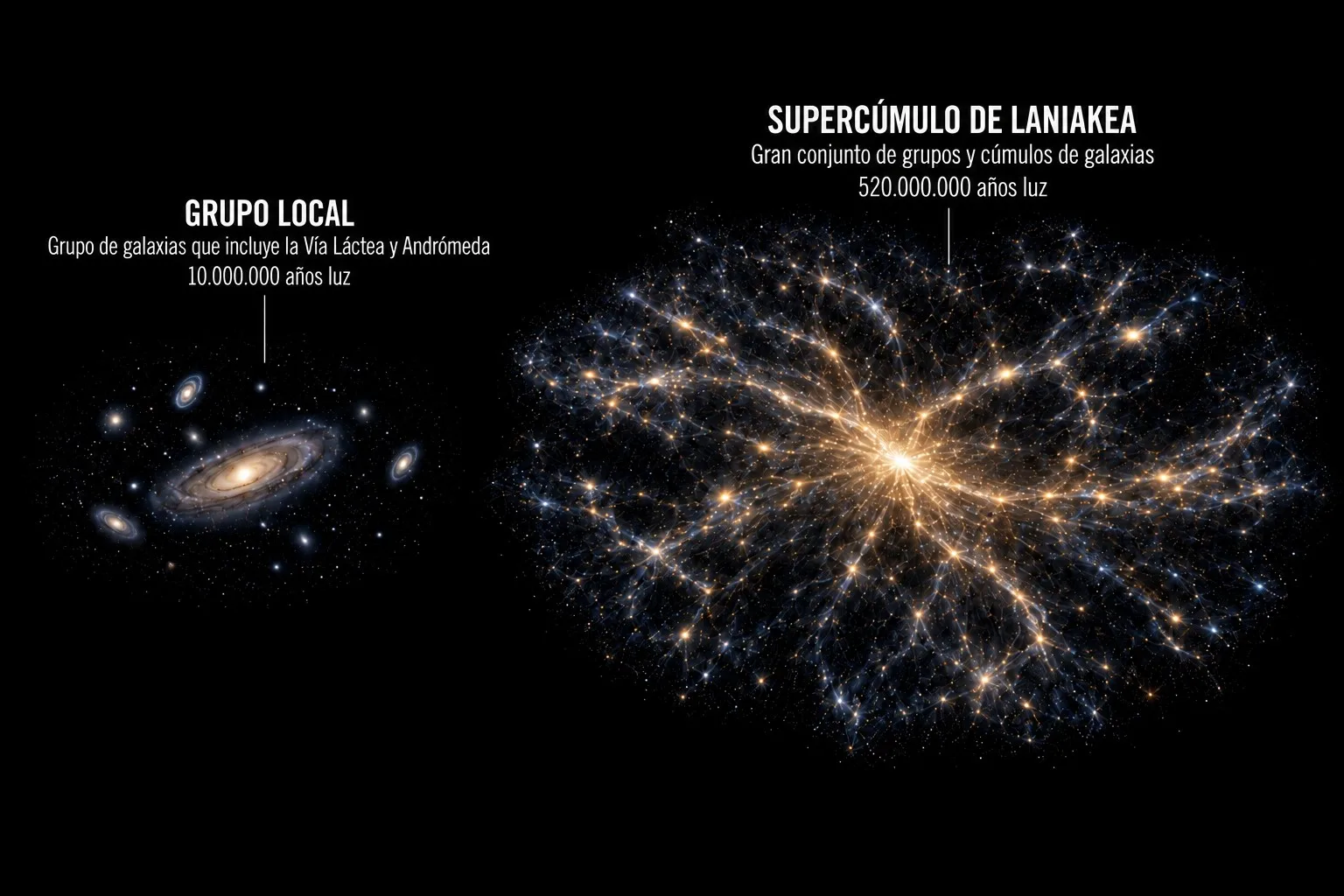 El Grupo Local, al cual pertenecen la Vía Láctea y Andrómeda, es unas 52 veces más chico que el supercúmulo de Laniakea, que aloja unas 100.000 galaxias.