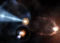 Un equipo internacional de astrónomos con participación argentina identificó en la Vía Láctea un sistema formado por una estrella y un agujero negro que expulsa un chorro de materia casi en dirección a la Tierra. Crédito: Crédito: B. Marcote (JIVE/ASTRON). Martí et al. 2026.
