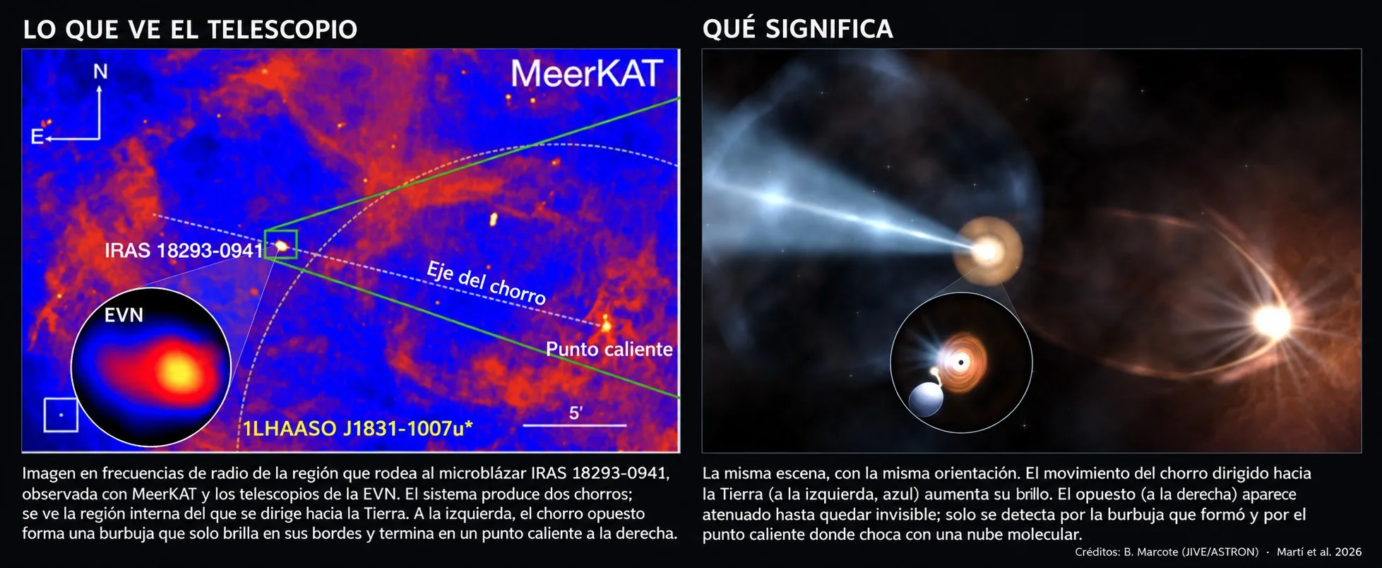 Observaciones de radio del sistema IRAS 18293−0941 (izquierda) y una ilustración de sus dos chorros de materia (derecha), uno orientado casi hacia la Tierra. Crédito: B. Marcote (JIVE/ASTRON) · Martí et al. 2026.