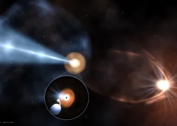 Un equipo internacional de astrónomos con participación argentina identificó en la Vía Láctea un sistema formado por una estrella y un agujero negro que expulsa un chorro de materia casi en dirección a la Tierra. Crédito: Crédito: B. Marcote (JIVE/ASTRON). Martí et al. 2026.