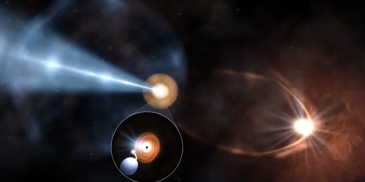 Un equipo internacional de astrónomos con participación argentina identificó en la Vía Láctea un sistema formado por una estrella y un agujero negro que expulsa un chorro de materia casi en dirección a la Tierra. Crédito: Crédito: B. Marcote (JIVE/ASTRON). Martí et al. 2026.