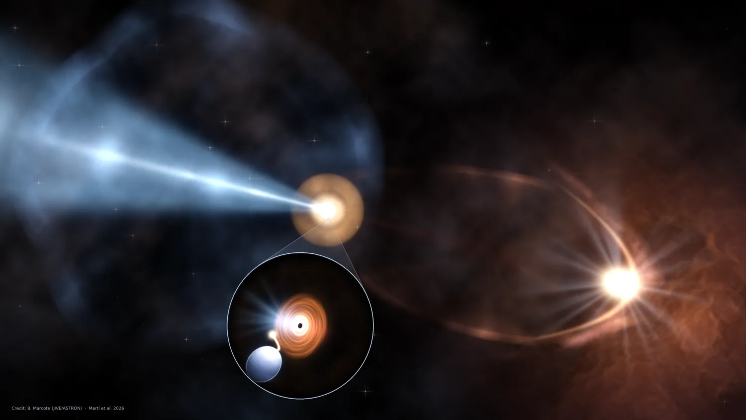 Un equipo internacional de astrónomos con participación argentina identificó en la Vía Láctea un sistema formado por una estrella y un agujero negro que expulsa un chorro de materia casi en dirección a la Tierra. Crédito: Crédito: B. Marcote (JIVE/ASTRON). Martí et al. 2026.