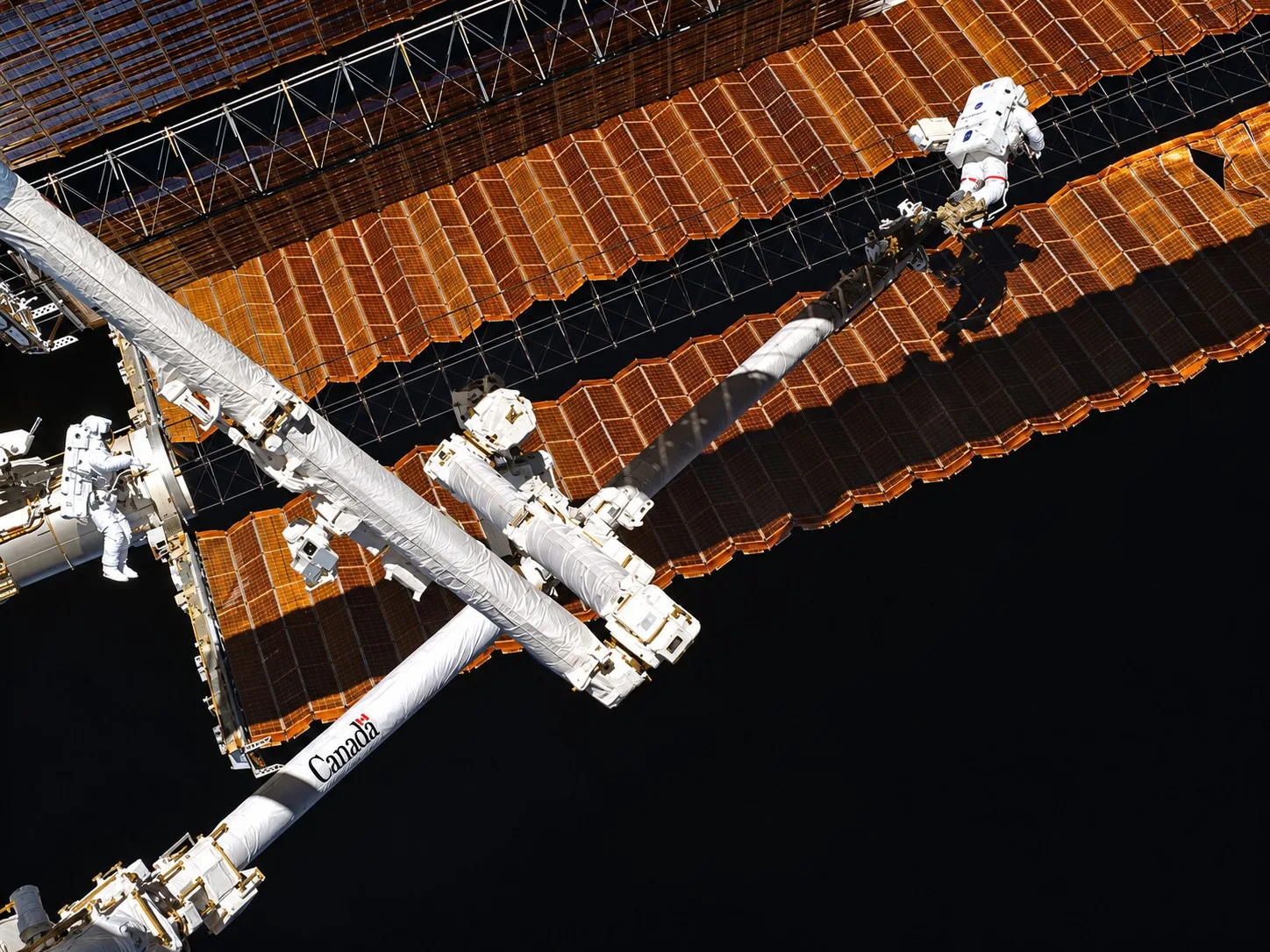 Los astronautas Anil Menon y Joshua Kutryk completaron una caminata espacial de más de siete horas para instalar el séptimo de ocho paneles solares adicionales de la Estación Espacial Internacional (ISS).