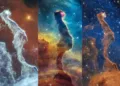 La NASA publicó tres imágenes de la nebulosa Cabeza de Gato, una región de formación estelar ubicada en la constelación de Carina, tomadas por los telescopios espaciales Hubble y James Webb. Crédito: NASA.