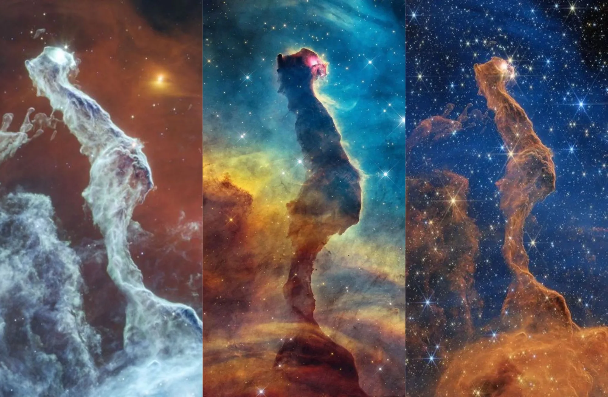La NASA publicó tres imágenes de la nebulosa Cabeza de Gato, una región de formación estelar ubicada en la constelación de Carina, tomadas por los telescopios espaciales Hubble y James Webb. Crédito: NASA.