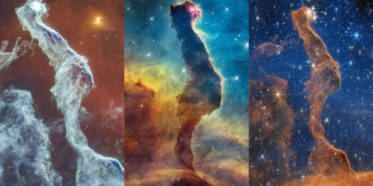 La NASA publicó tres imágenes de la nebulosa Cabeza de Gato, una región de formación estelar ubicada en la constelación de Carina, tomadas por los telescopios espaciales Hubble y James Webb. Crédito: NASA.