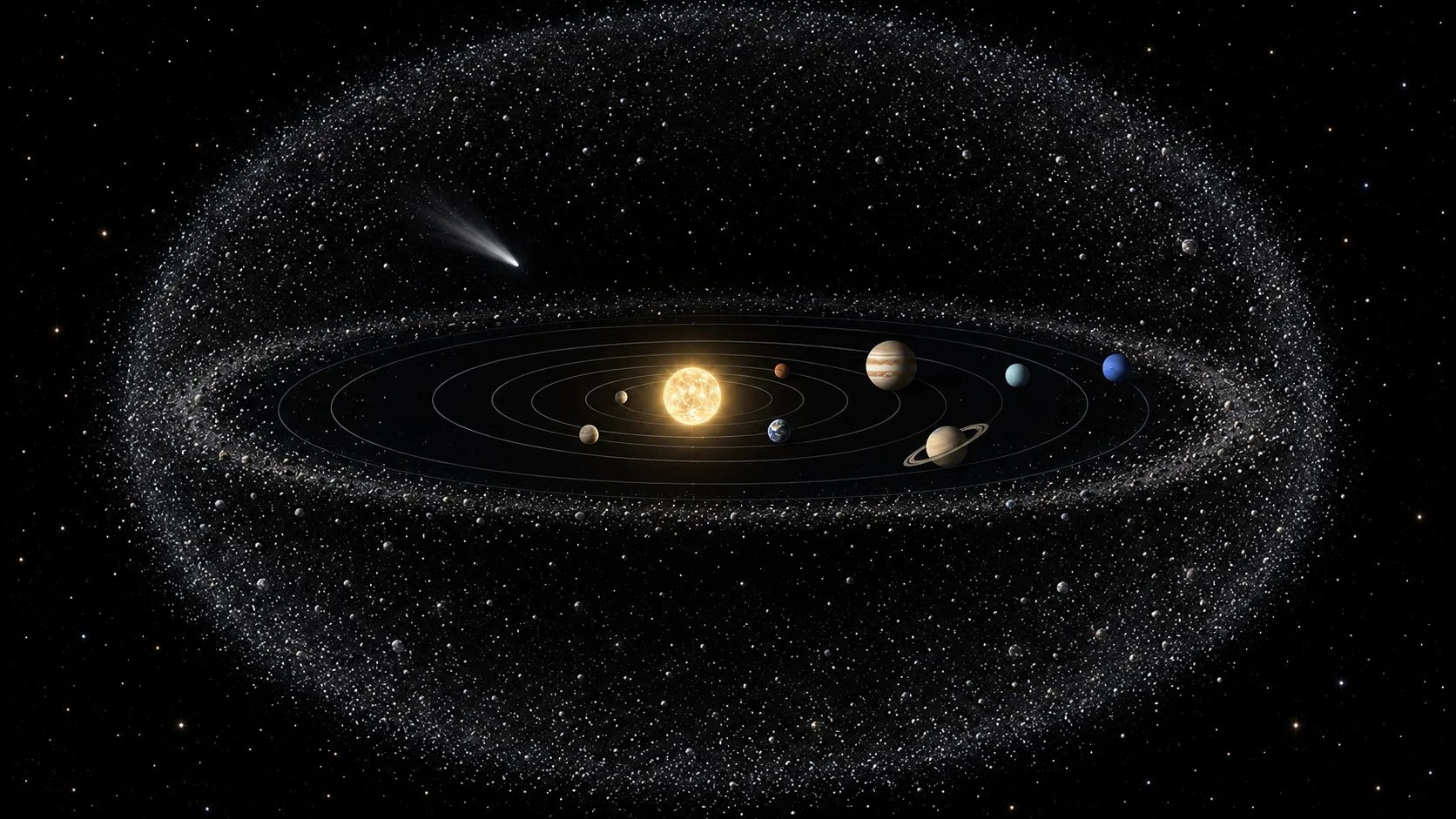 La nube de Oort es una enorme región hipotética de cuerpos helados que rodea el Sistema Solar, mucho más allá de Neptuno, y de la que provendrían muchos cometas de período largo.