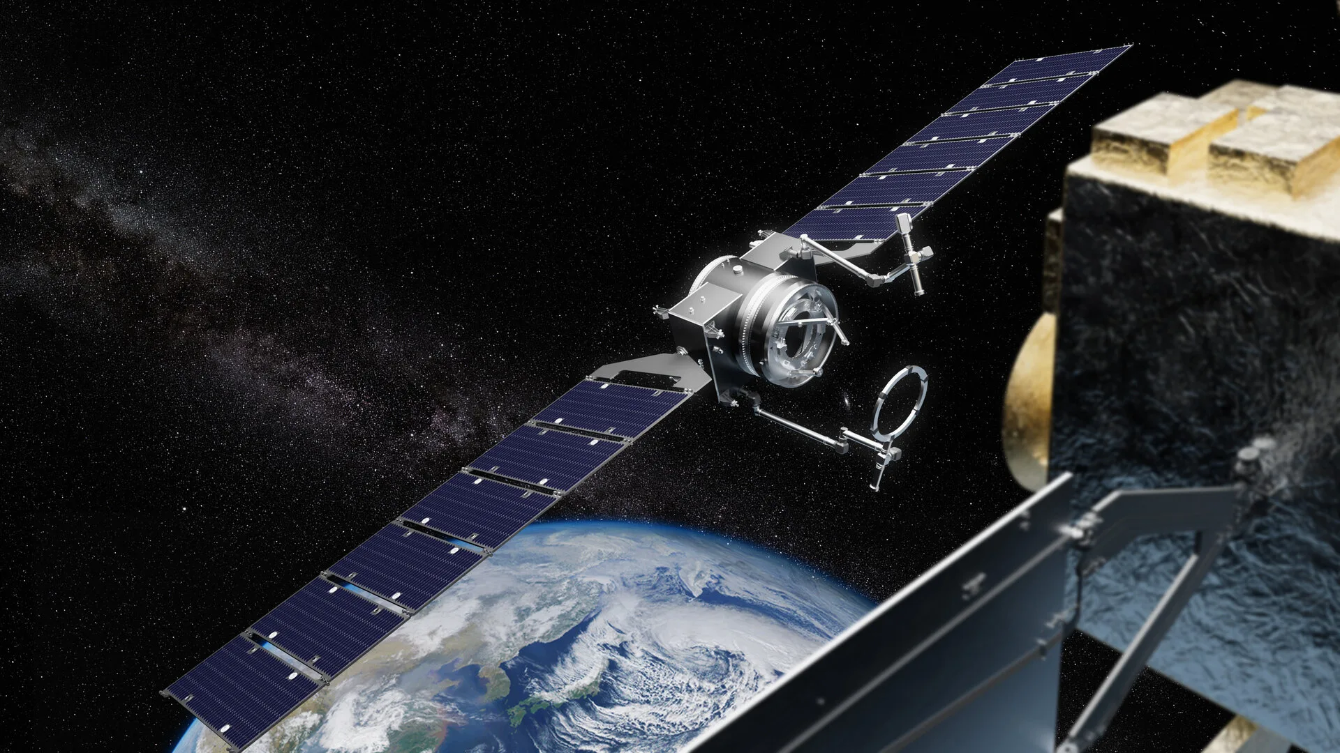 La misión RISE (Resilient In-orbit Servicing for Europe) es una misión comercial de mantenimiento en órbita que demostrará que puede acoplarse de forma segura a un satélite. Esta herramienta sirve para prolongar la vida útil de los satélites geoestacionarios que necesitan asistencia con el control de actitud y órbita, pero que por lo demás funcionan correctamente. Crédito: Agencia Espacial Europea (ESA).