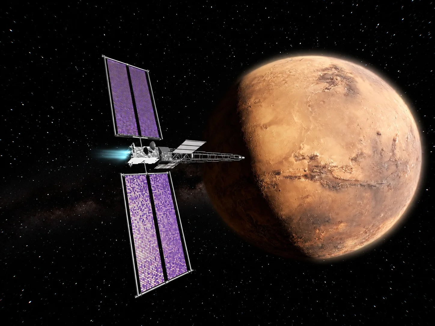 Space Reactor‑1 Freedom es una misión experimental de la NASA prevista para 2028 que demostrará propulsión nuclear eléctrica en un viaje a Marte y transportará tres helicópteros para explorarlo. Crédito: NASA.