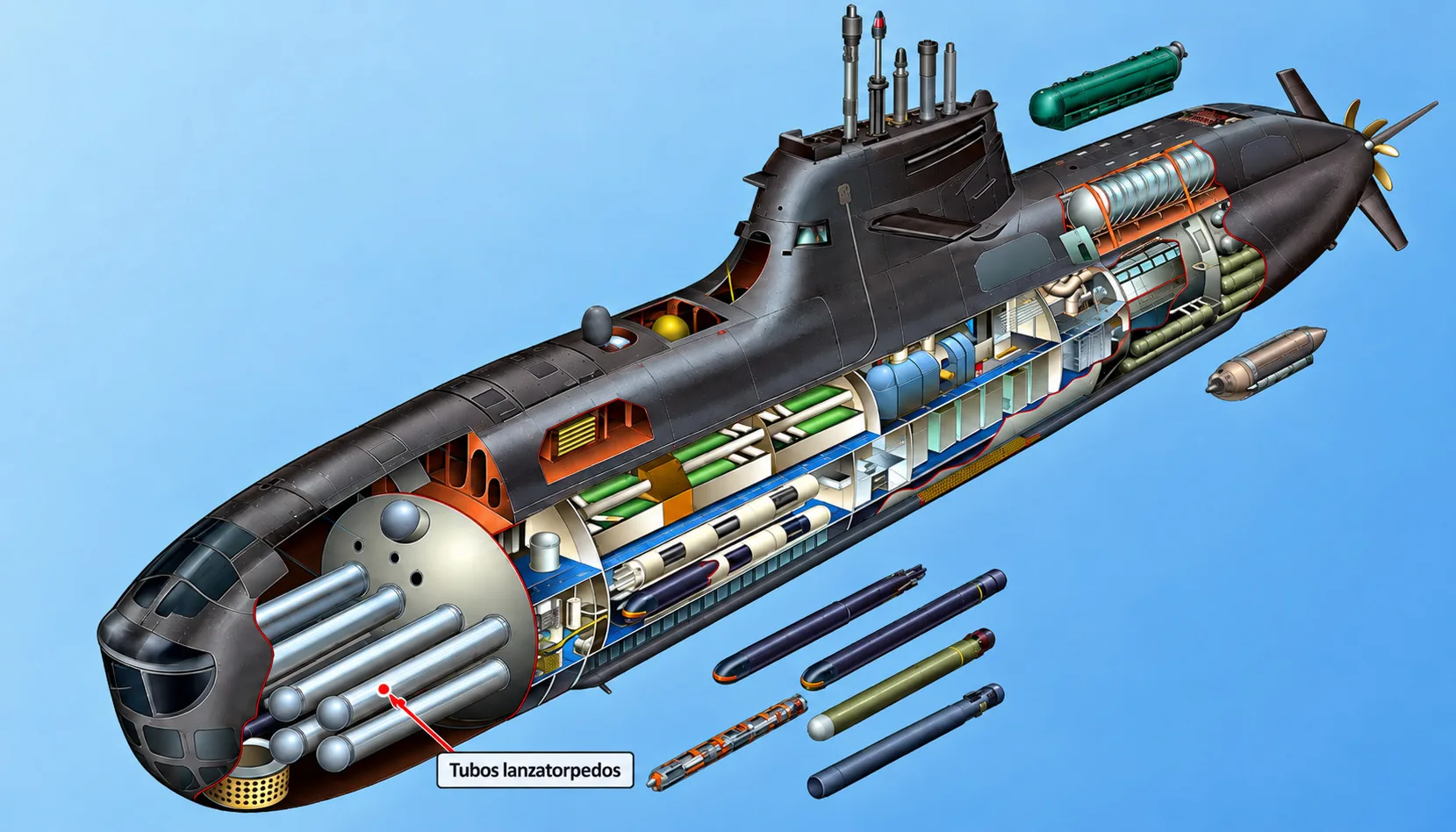 Ilustración en corte de un submarino clase Kilo, que muestra la ubicación de los seis tubos lanzatorpedos en la proa, utilizados para lanzar torpedos y misiles de crucero compatibles desde debajo de la superficie.