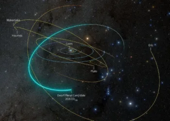 Una imagen del Sistema Solar en la que se muestra la trayectoria orbital del candidato a planeta enano recién descubierto 2026 ED138 (ED138). Créditos: NSF–DOE Vera C. Rubin Observatory.