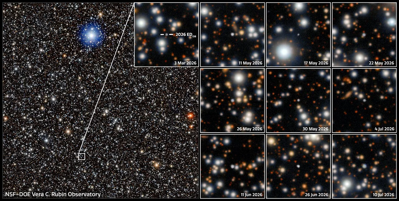 Un mosaico de imágenes captadas por el Observatorio Vera C. Rubin de NSF–DOE del recién descubierto candidato a planeta enano 2026 ED138 (ED138). Créditos: NSF–DOE Vera C. Rubin Observatory/NOIRLab/SLAC/AURA Image Processing: M. Jurić (UW), D. de Martin & M. Zamani (NSF NOIRLab).
